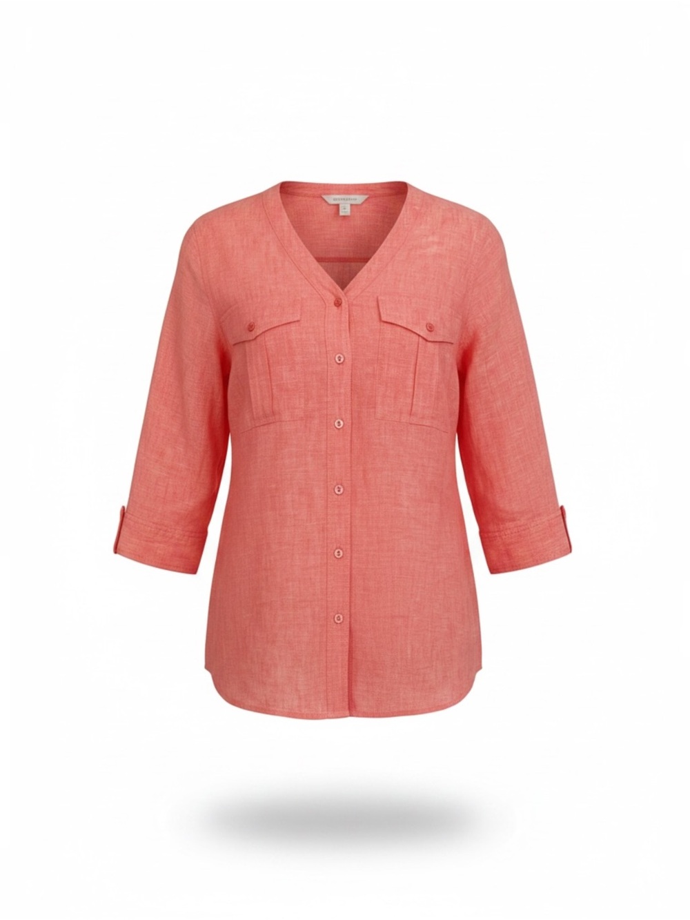 Orvis Coral Linen Light Button-Front V-Neck Casual Shirt Size: S